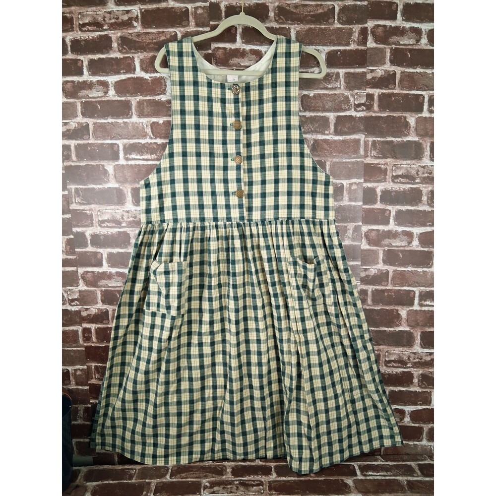Vintage Handmade Overall Apron Maxi Dress Prairie Cottagecore L/ XL Green Check